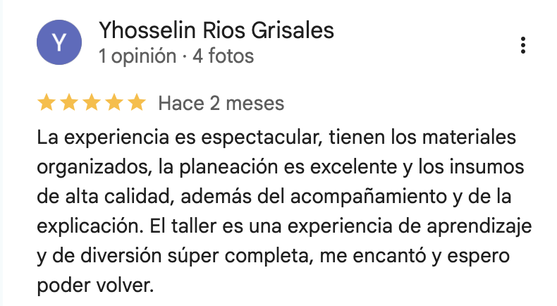 Reseña de Google de Yhosselin Rios Grisales sobre el taller de Calé