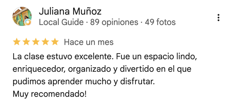 Reseña de Google de Juliana Muñoz sobre el taller de Calé