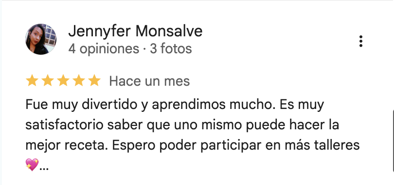 Reseña de Google de Jennyfer Monsalve sobre el taller de Calé