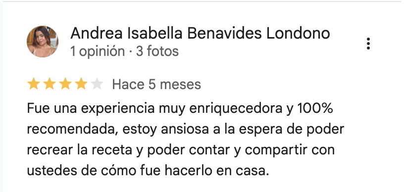 Reseña de Google de Andrea Isabella Benavides sobre el taller de Calé